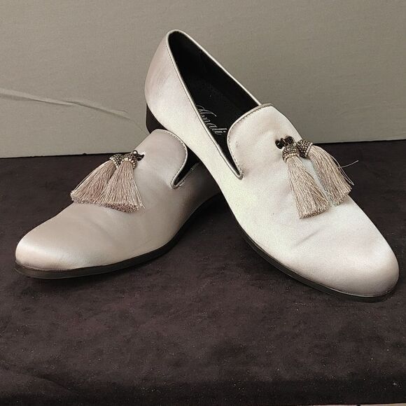 MEN'S AMALI SATIN SLIP-ON LOAFER. SATIN TASSELS WITH GOLD & SILVER STONE ACCENTS - Picture 1 of 8
